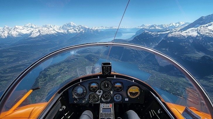 Glider cockpit instruments overlooking snow-capped mountains and a lake